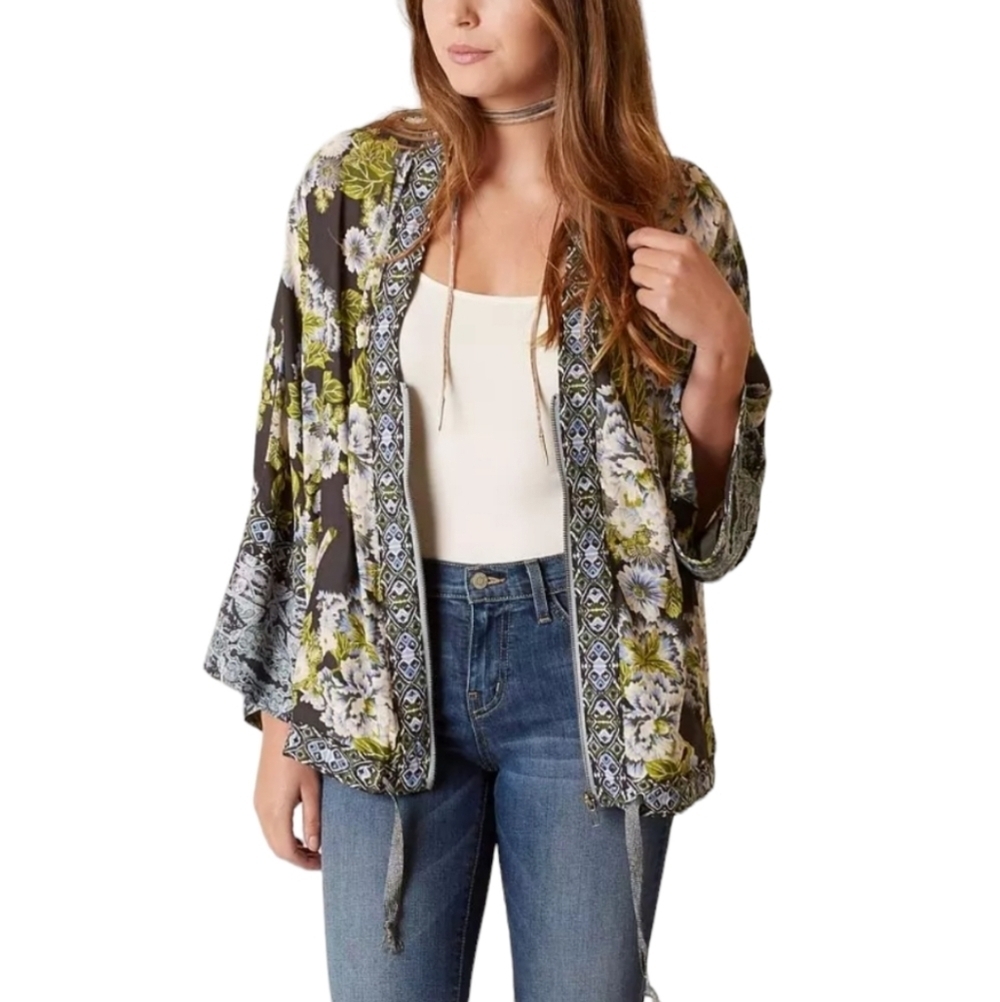 Free People Women's Boho Cinched Wildflower Kimono Full Zip Blouse Sz XS/S - Picture 7 of 16